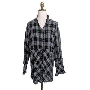 Habitat Pattern Play Button Front Tunic Size S Black White Plaid Gauze Grunge